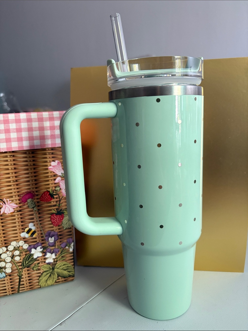 Stanley Mint Green Polka Dot Insulated Travel Mug with Handle - Picture 3 of 4